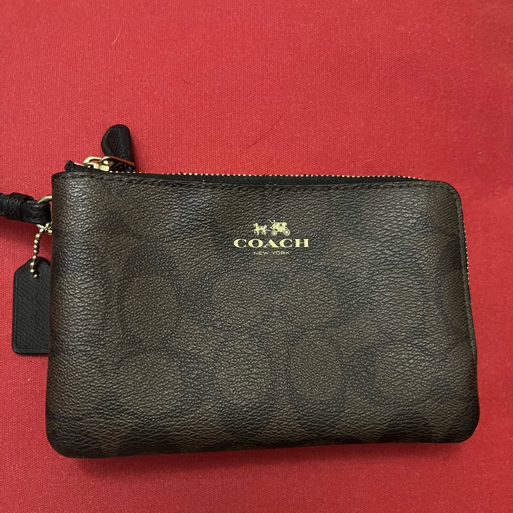 Coach Dark Brown Wristlet with Gold Accents